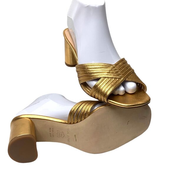 Via Spiga‎ Rafaela Gold Leather Block Heel Slide Sandals  NWOB - Picture 10 of 11
